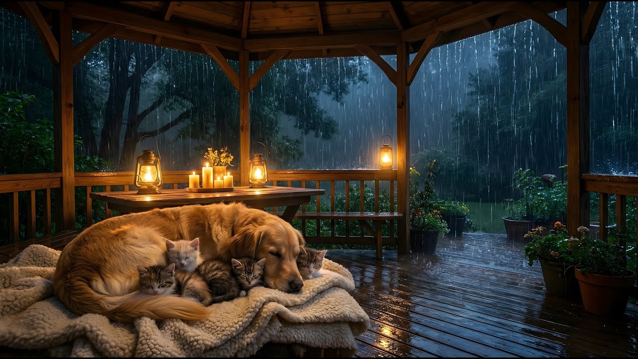 Sleeping Pets on a Rainy Porch 🌧️🐶🐱 | Cozy Night Rain Ambience for Deep Sleep