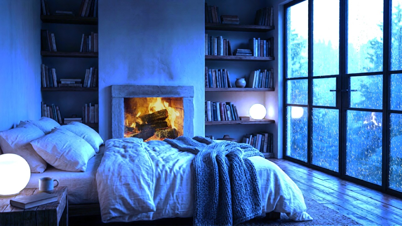 📷 Photorealistic Bedroom Rain &ndash; No Ads Thunder & Piano by the Fireplace | Rainy Forest View (LIVE)