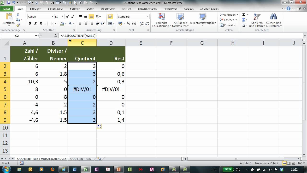 Excel - QUOTIENT und REST - Dividieren - ABS und VORZEICHEN