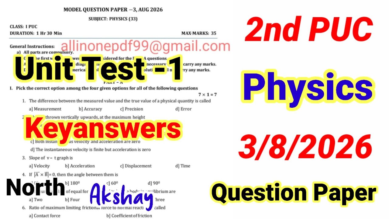 2nd PUC Physics Unit Test 1 Question Paper 2026 with Answers 