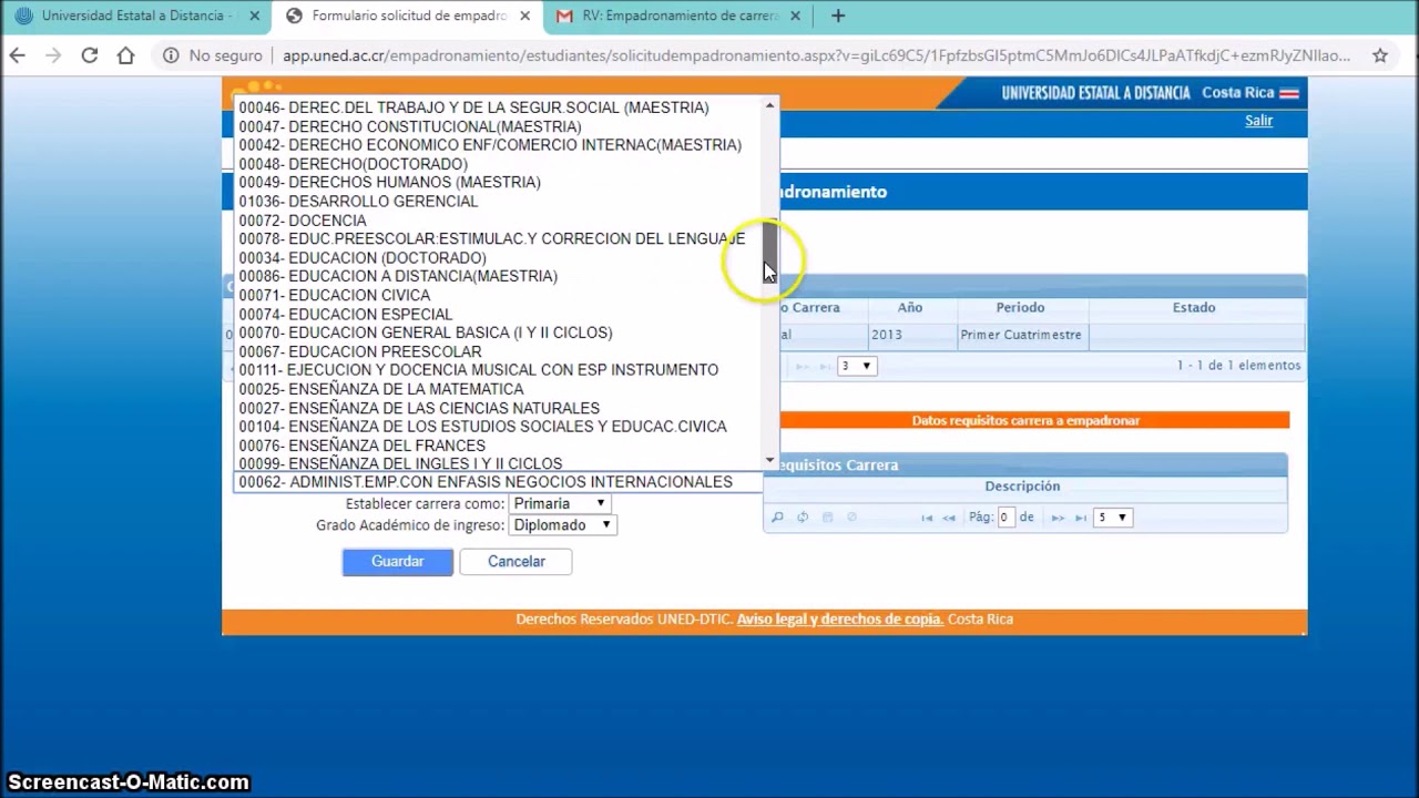 EMPADRONAMIENTO CARRERAS UNED CR