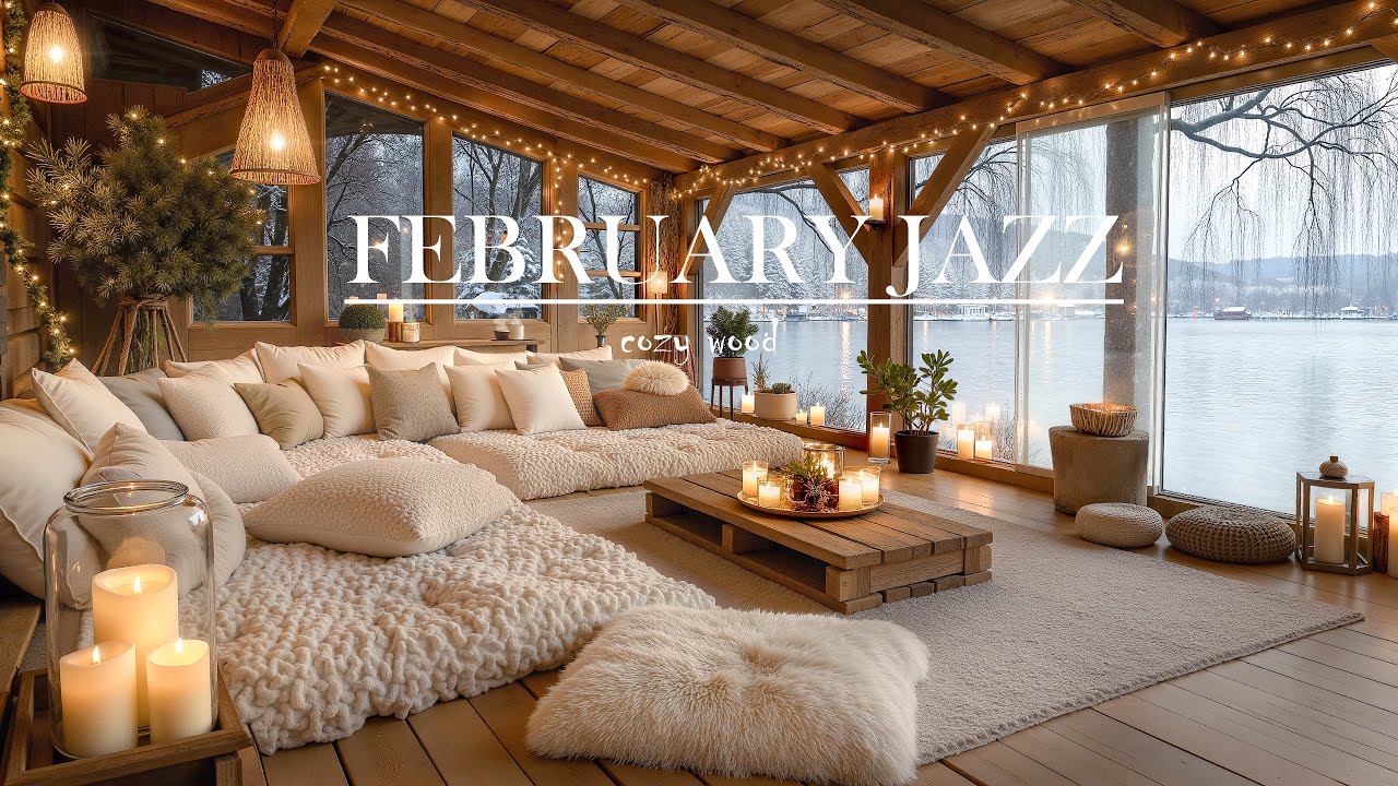 Smooth Winter Jazz ❄️ Lakeside Cabin at Dusk | Fireplace Glow & Candlelight Vibes