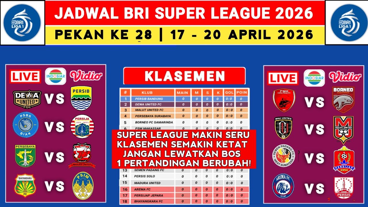 BERUBAH! Jadwal Liga 1 2025 Pekan ke 28 - Dewa United vs Persib - PSM vs Borneo - Liga 1 Indonesia
