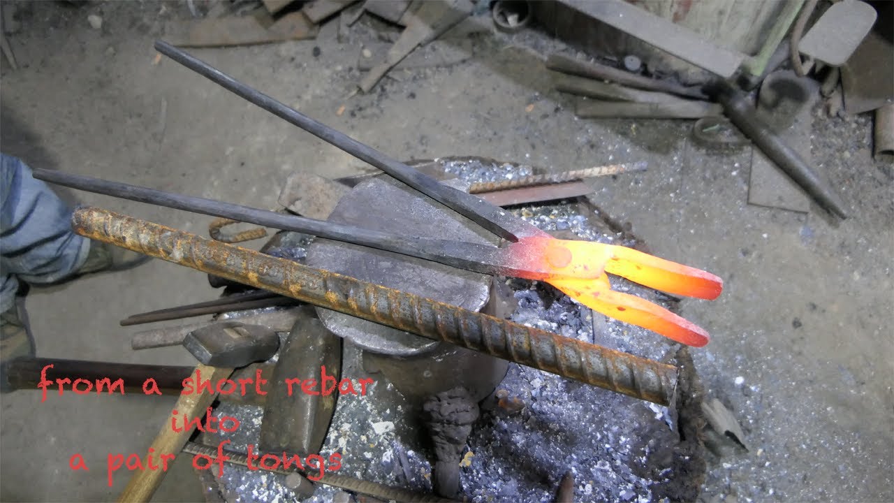 BLACKSMITHING / FROM A SHORT REBAR INTO A STRONG PAIR OF BLACKSMITH TONGS