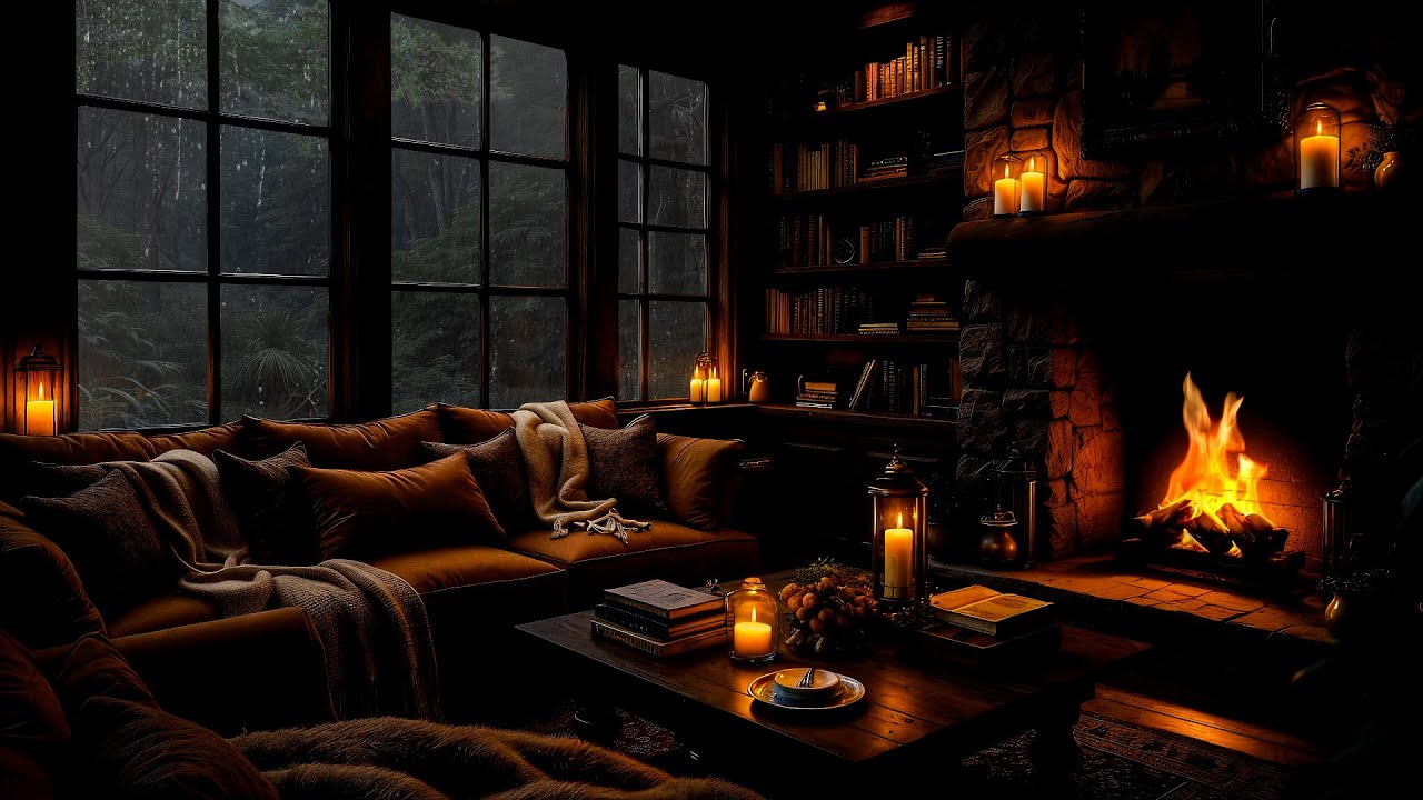 Peaceful Rainy Forest Cabin 🌲🌧️🔥 Fireplace, Piano & Rain Sounds for Relaxation