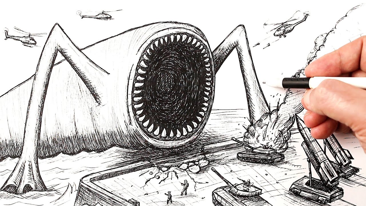 How to draw GIANT Sea Monster Destroys Army Base