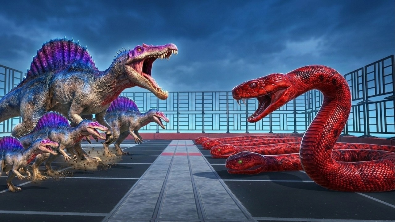 Spinosaurus vs Titanoboa: Can Size Scaling Overcome the Deadly Constriction Strike?