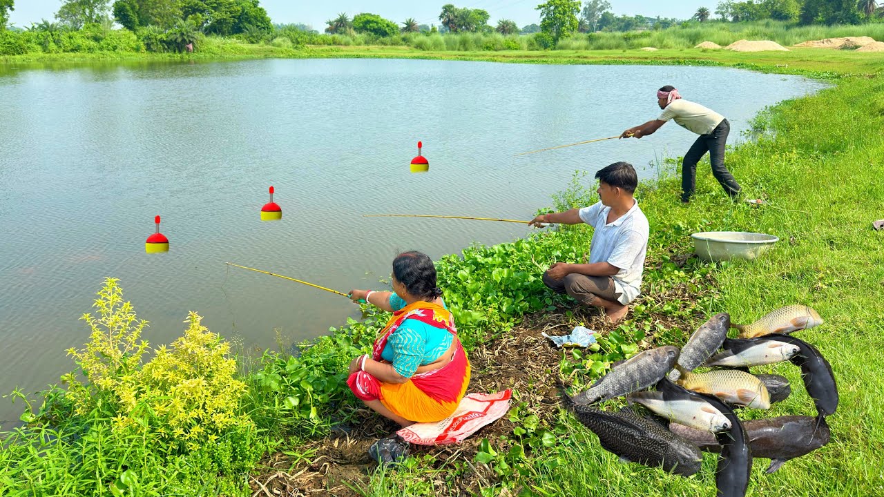 Fishing Video || Traditional three fisherman is fishing in the village pond || Amazing hook fishing