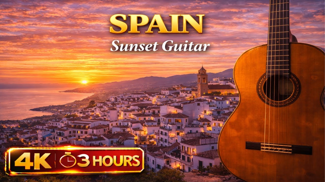 SPANISH SUNSET AMBIENCE 🌅 | Acoustic Guitar & Mediterranean Waves 🌊 | Meditation, Focus & Deep Sleep