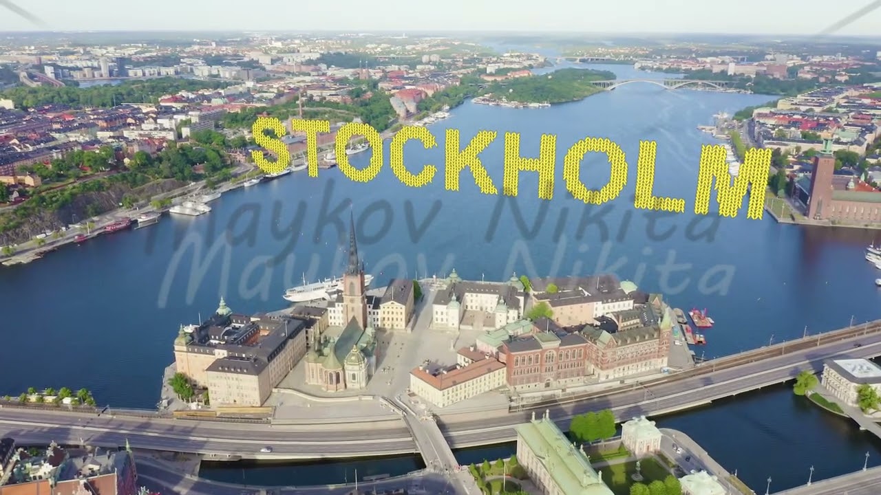 Inscription on video. Stockholm, Sweden. Old Town - Gamla Stan. Riddarholmen. Helgeandsholmen. Aeria