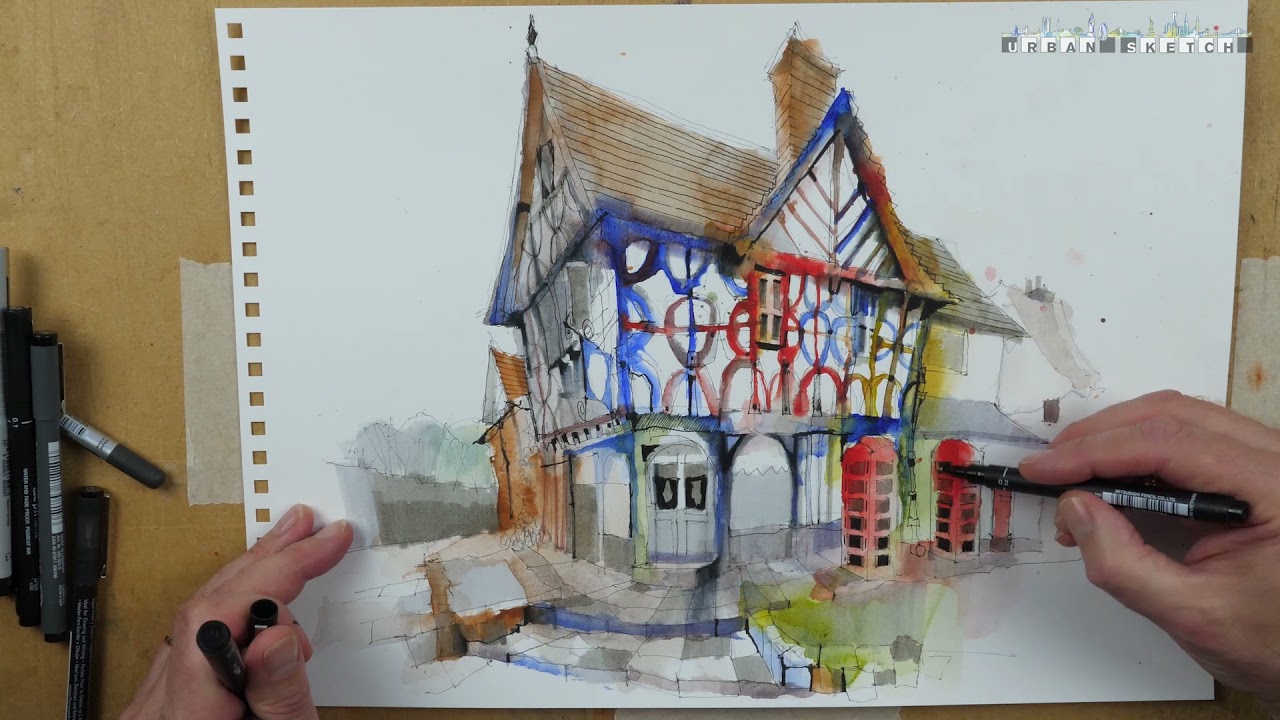 Ian Fennelly sketches the Tudor Tea Rooms in Port Sunlight, England - Urban Sketch Course Workshop
