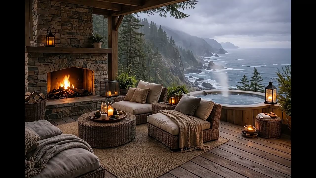 Cliffside Ocean Hot Tub Fireplace 🌊 | Ocean Ambience