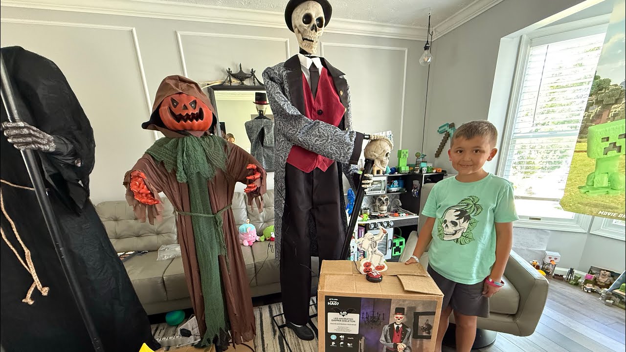 Unboxing LED Animated Dapper Skeleton Animatronic and Pop Up Pumpkin Reaper Animatronic from At Home