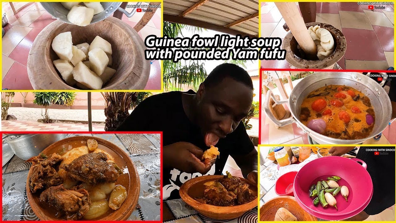 Ultimate Ewe food !! Guinea fowl light soup with pounded Yam fufu !! Delicious local food !! Africa