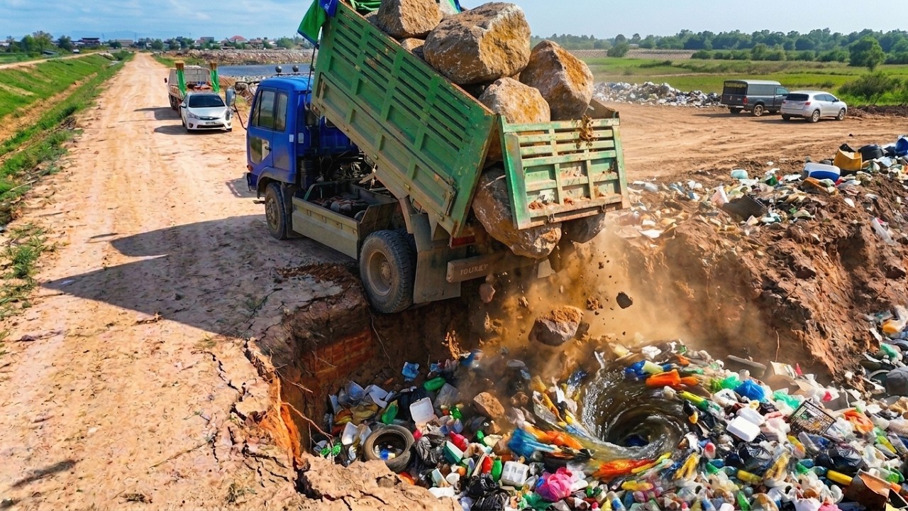 DANGEROUS MISTAKE! Truck Falls, Dumps Pollution into Vortex And Dozer Pushing Soil Fast