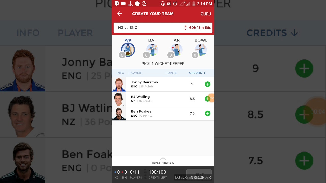 NZ v ENG Dream 11 team . Small league win with 100% Guarantee