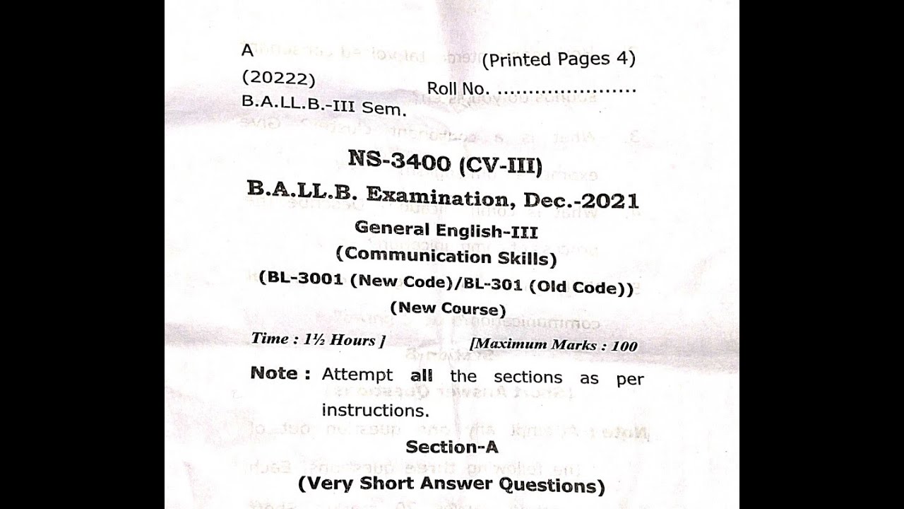 Question Paper of General English 2022 BALLB/CCSU/BL-3001