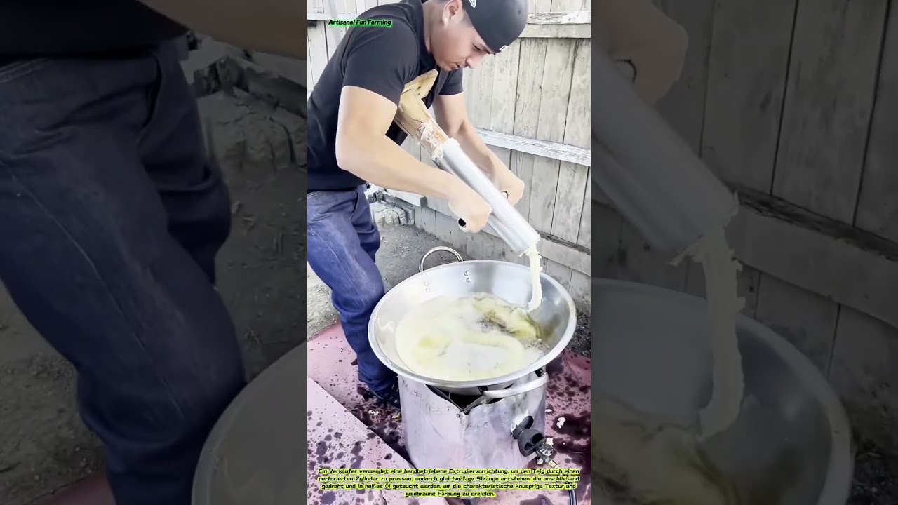 Traditionelle Zubereitung von frittiertem Teig: Herstellung von gedrehten Teigstr&auml;ngen