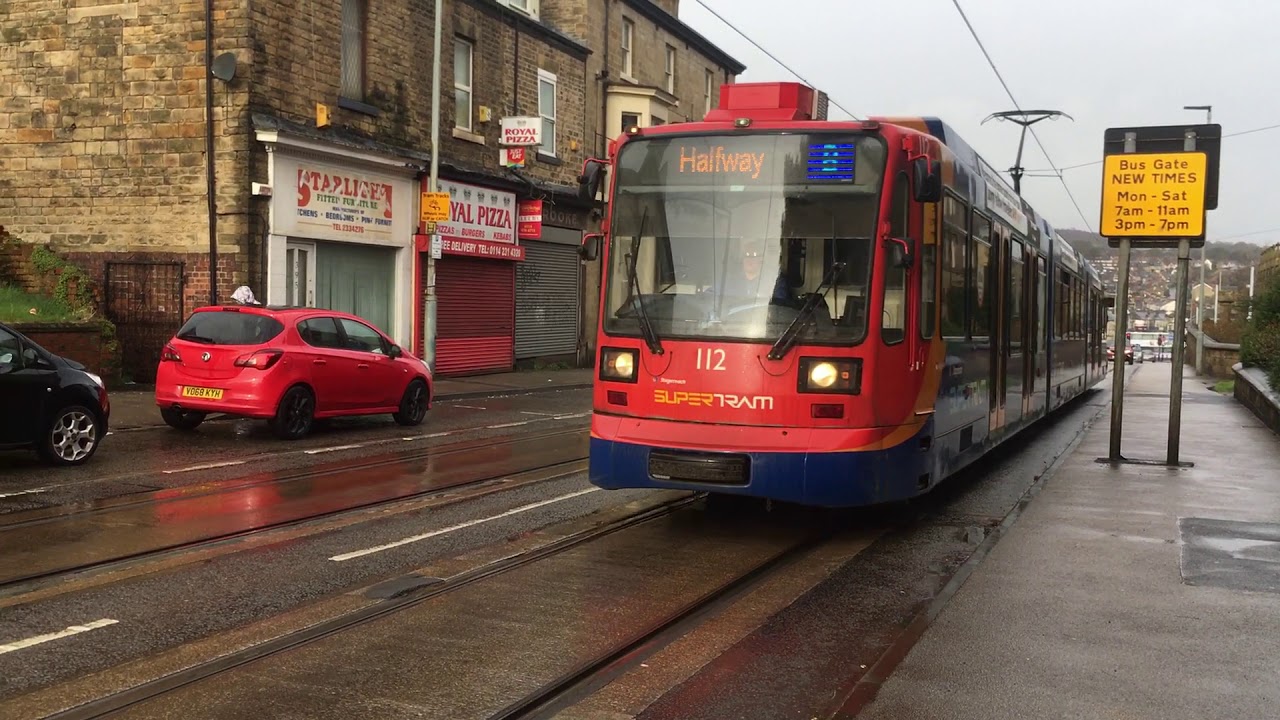 Sheffield Supertram 112 heads up Langsett Road with a Blue Route Service for Halfway