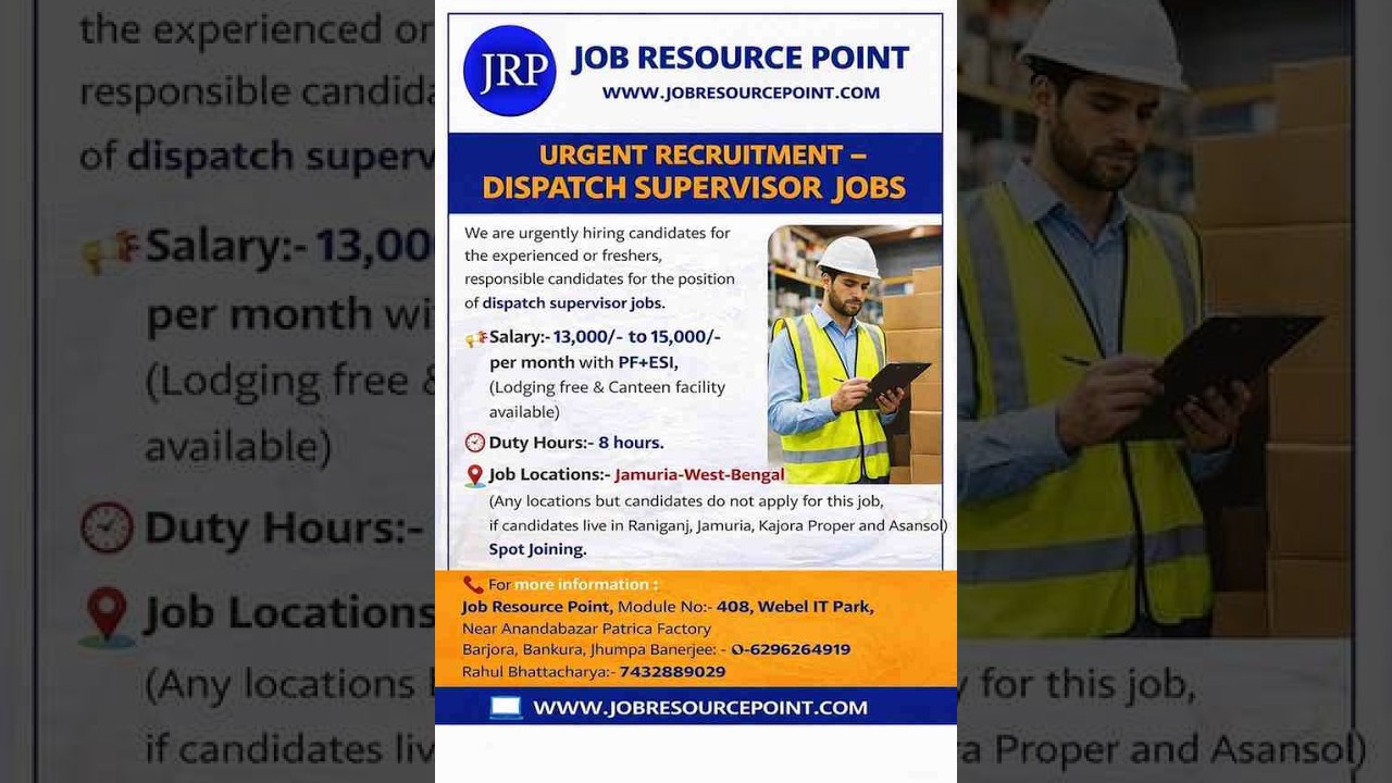 URGENT RECRUITMENT – DISPATCH SUPERVISOR JOBS IN JAMURIA | PURULIA | DHANBADH | KULTI | JRP | 2026