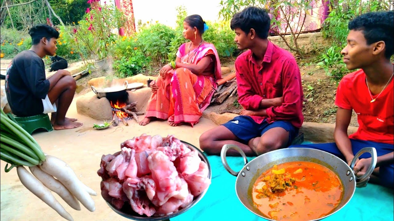 ADIVASI family cooking RADISH curry with CHICKEN MEAT recipe in tribal method l Rural India
