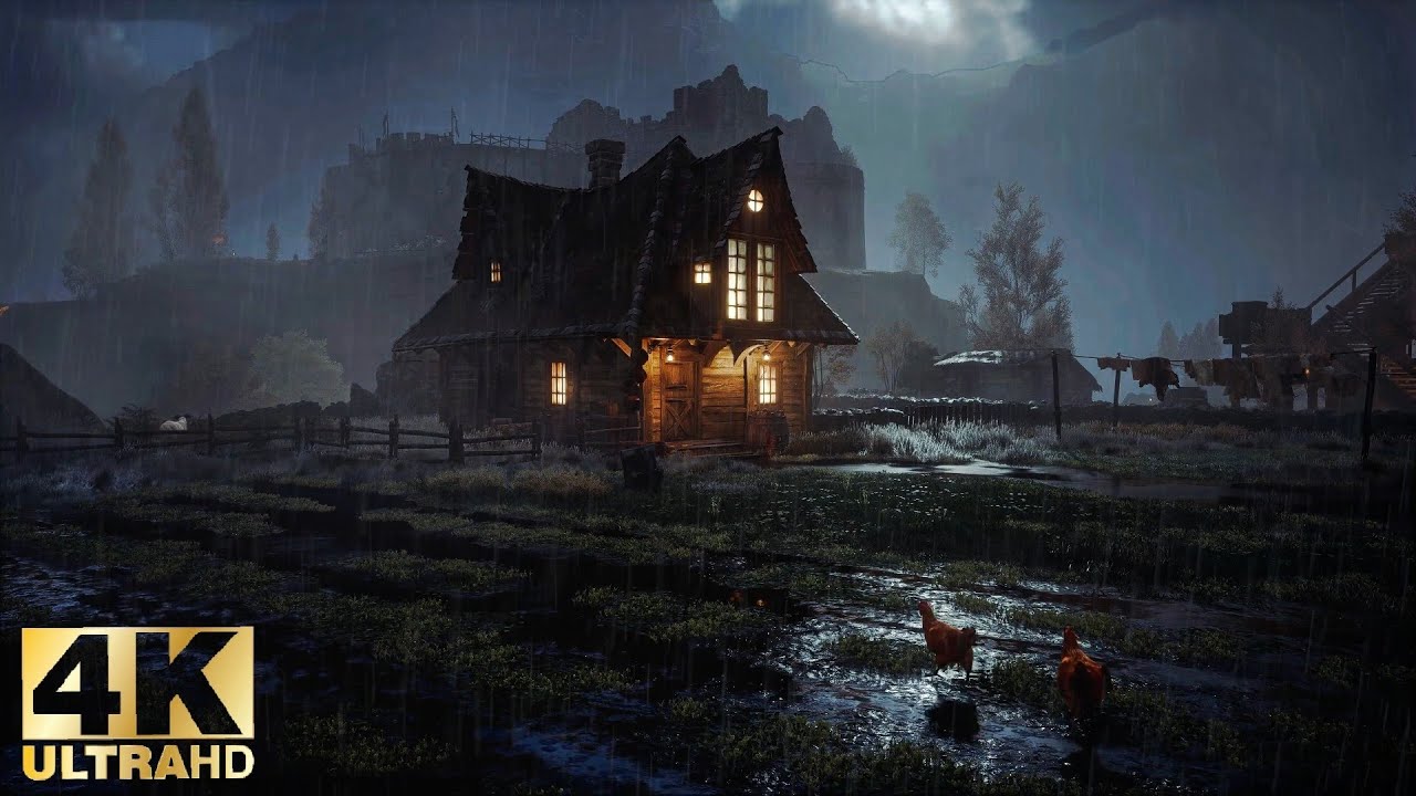 A rural village where it rains all night and there are pleasant sounds of thunder | Rain for sleep