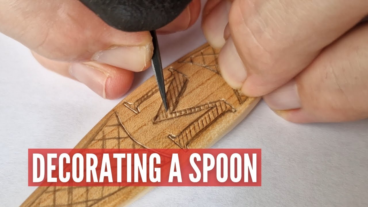 Kolrosing a Letter on a Hand Carved Spoon. Traditional way of decorating wood. ASMR.