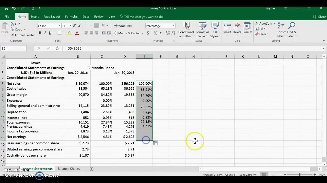 Creating Vertical & Horizontal Analysis Statements Company Projects