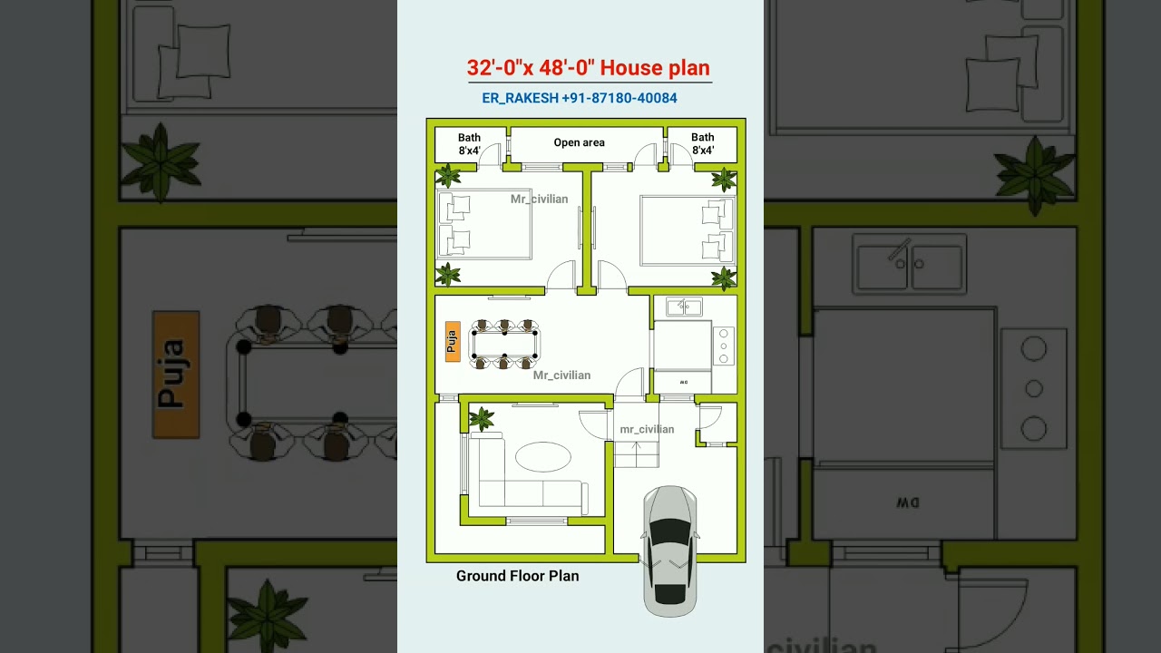 32x48 House Plan with 2 Bedroom, kitchen, puja, Hall, Living Room with Attached Toilet #shorts #home