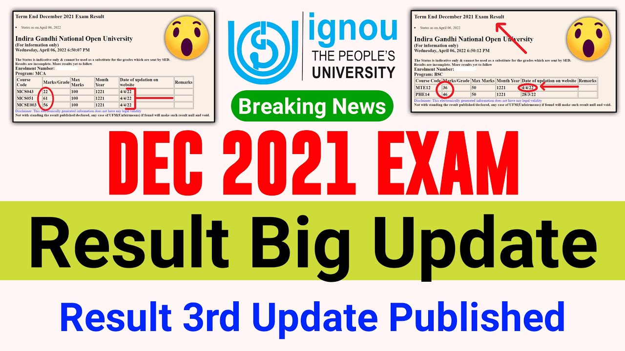 IGNOU Big Update for the DEC 2021 Examination | 3rd Update Published | DEC 2021 Exam Result Declared