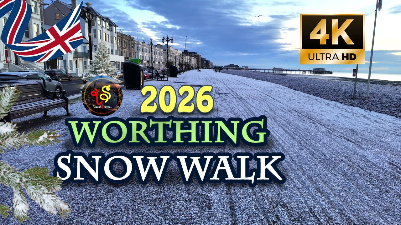 Worthing Seafront in Snow ❄️ Peaceful Winter Walk Ambience ∣ ASMR Footsteps & Crashing Waves (4K)