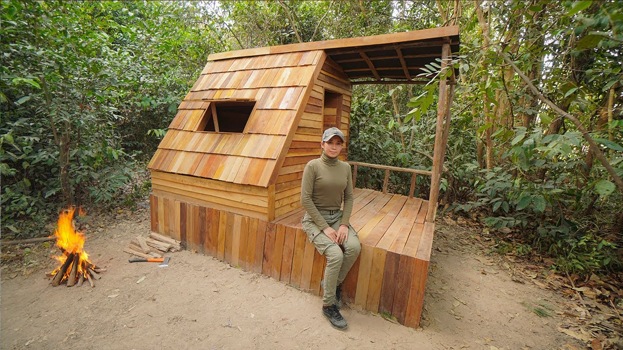 Building Survival Bushcraft Wooden Shelter In Wildlife, Working With Hand Tools
