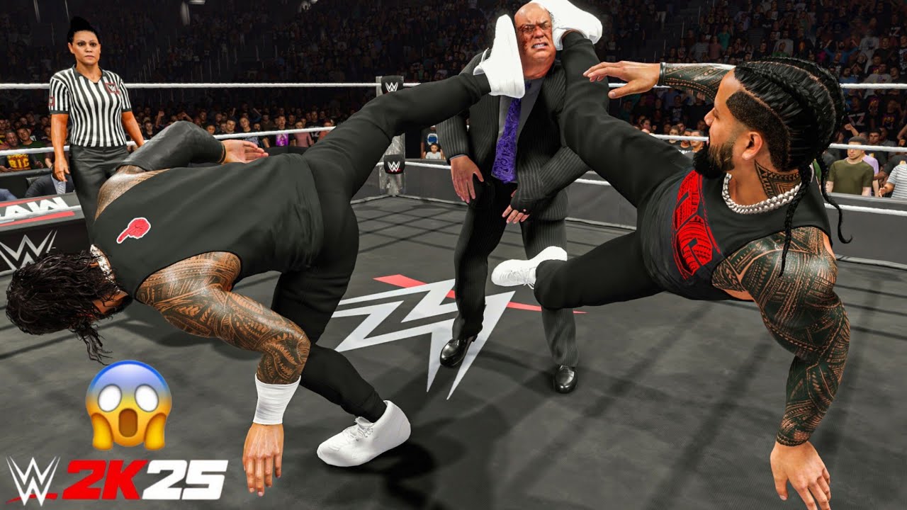 WWE 2K25 - Jey Uso and Jimmy Uso Destroys Paul Heyman at Monday Night Raw | Gameplay