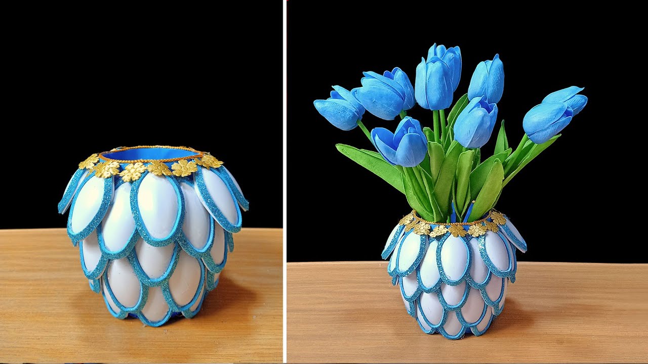 Beautiful Blue Flower Vase from Recycled Plastic Bottle | plastic spoon craft ideas | home decor