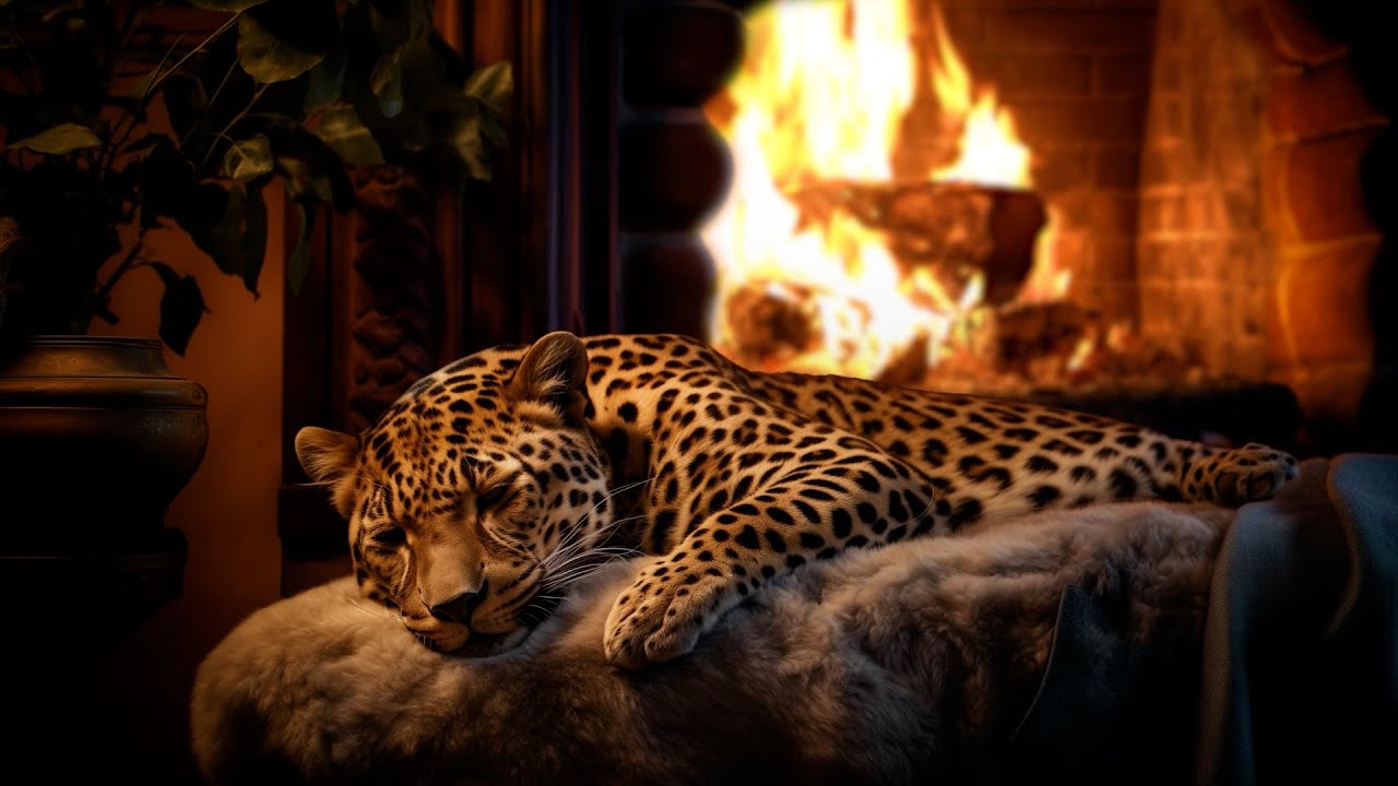 Relax and Fall Asleep to the Purring of a Leopard near the Fireplace 🔥 Purring Cat Cozy Ambience
