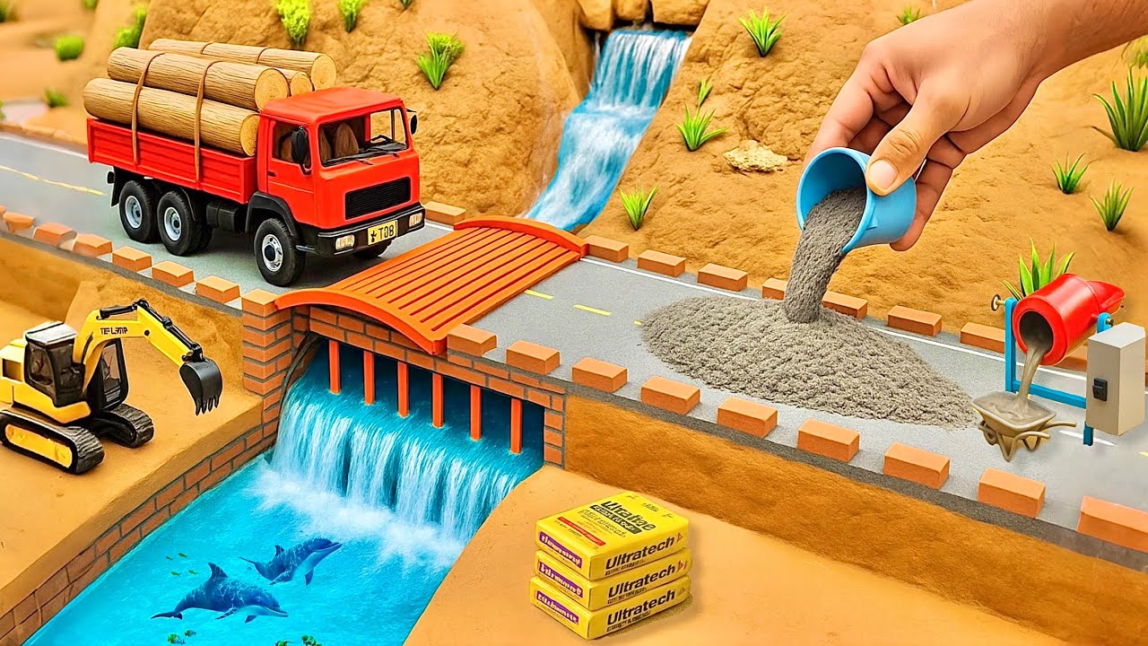 DIY Mini Truck Builds Brick & Metal Railing Bridge | Fun Construction Science Project #4