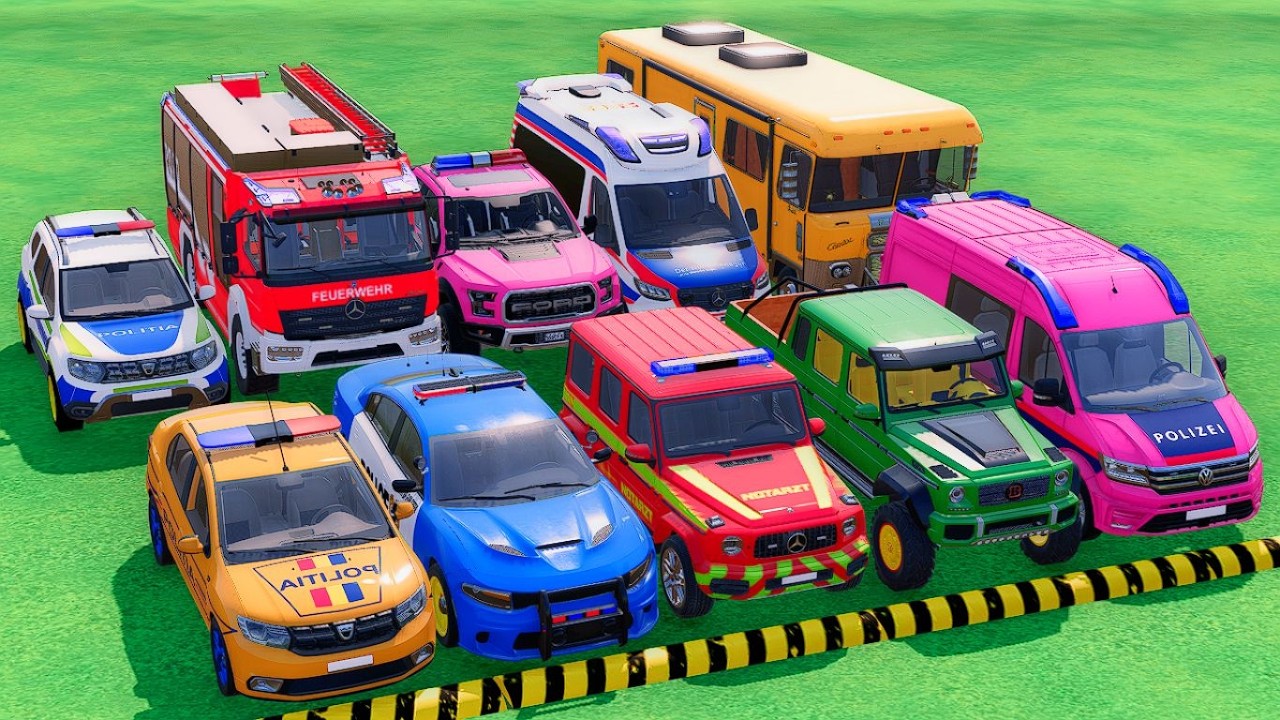TRANSPORTING POLICE CARS, FIRE DEPARTMENT, AMBULANCE WITH TRAIN, DACIA, FORD, VOLKSWAGEN ! FS22 #37