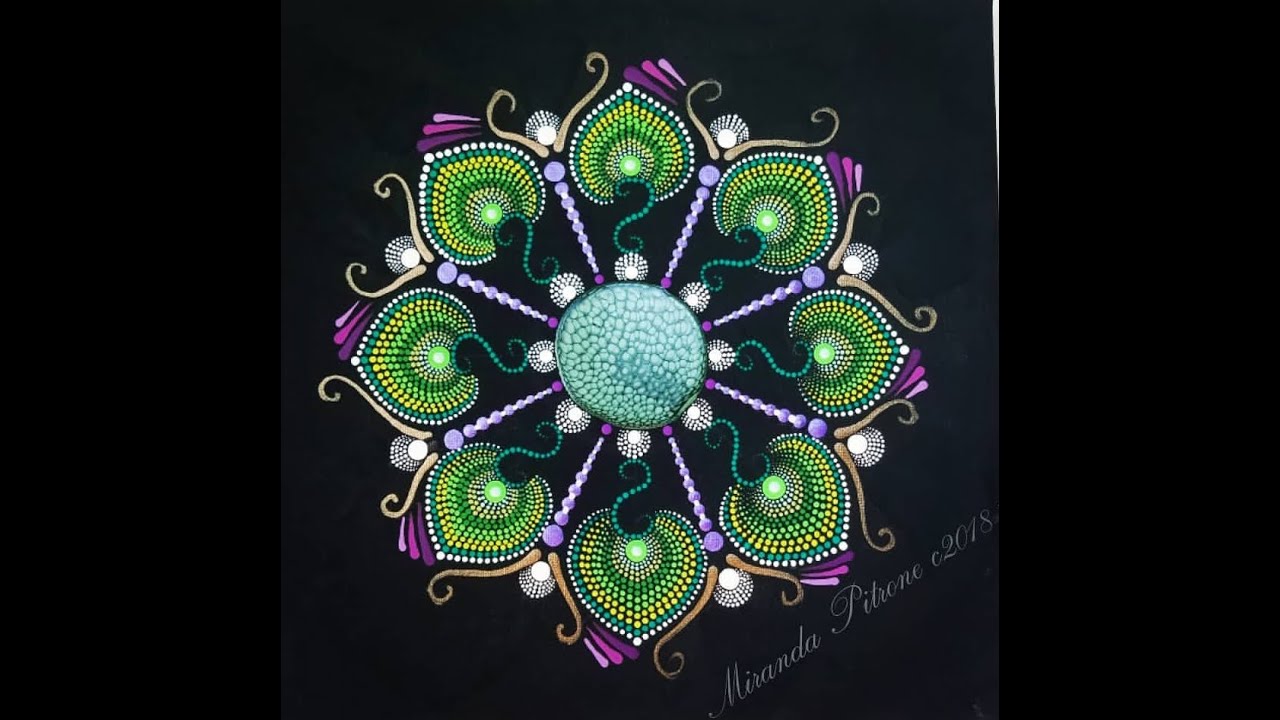 How to use a brush for dotting and other elements to painting this dot art mandala on canvas ~ tips