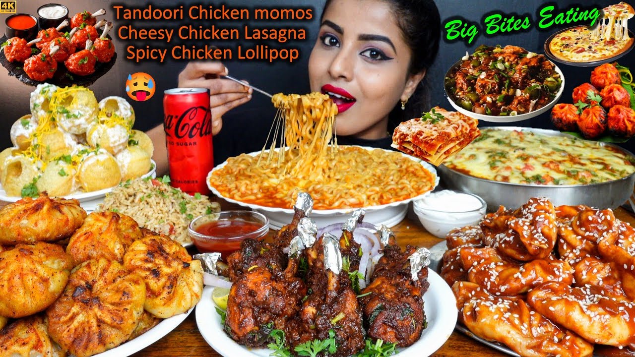 Eating Chicken Lasagna,Lollipop,Tandoori Momos,Egg,Dahi Puri Indian Street Food ASMR Eating Mukbang