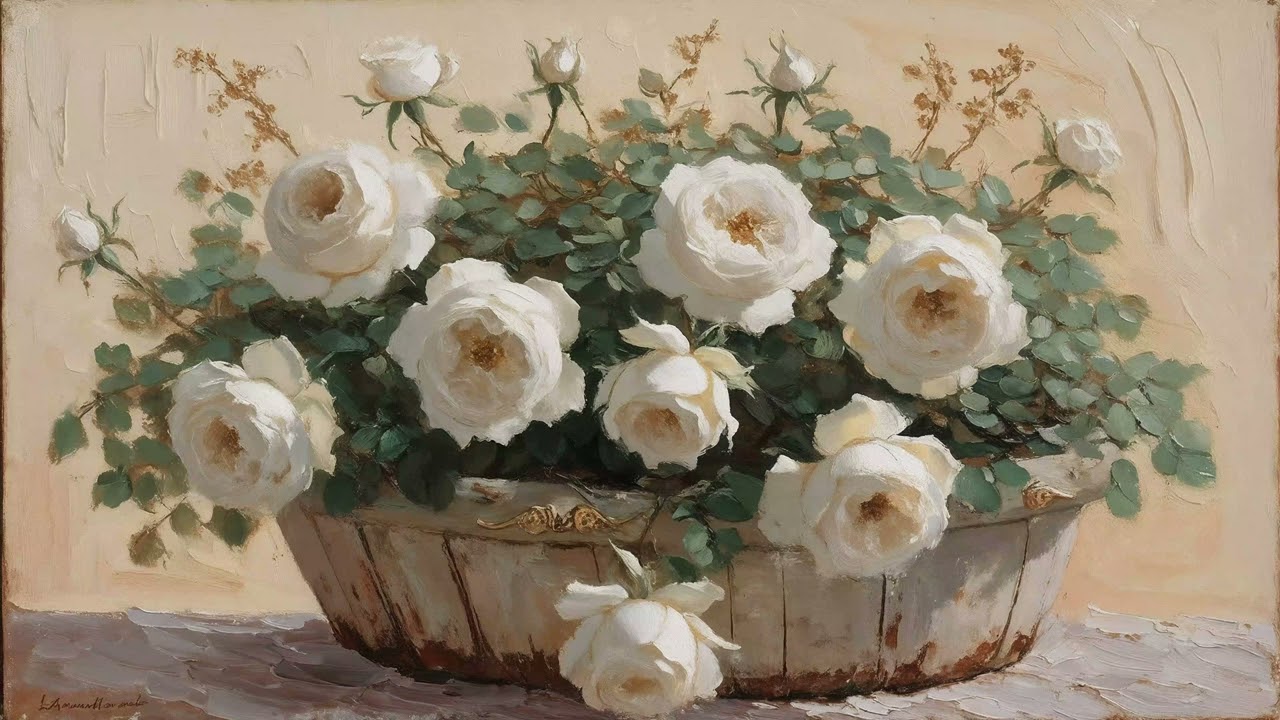 White Roses Painting - 2 Hours of TV Art Screensaver - Vintage Floral Framed 4K Art - TV Wallpaper