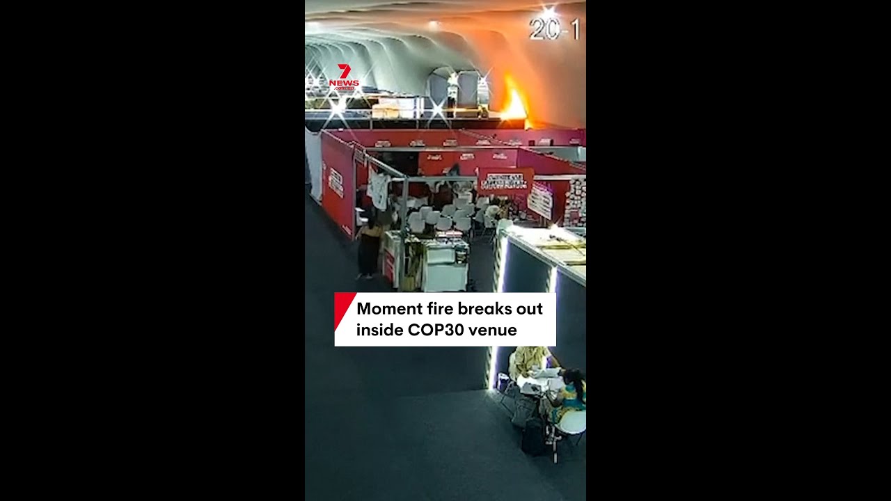Moment fire breaks out inside COP30 venue