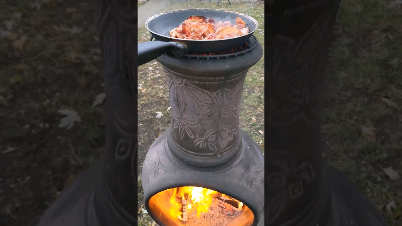 Bacon sizzles on blazing chiminea campfire 🥓🔥 #campfire #bacon #chiminea #asmr
