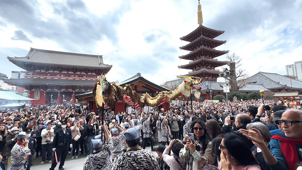 外国人ウキウキ !!!【 浅草寺縁起 金龍の舞 】頭上を飛ぶ金鱗の龍にタッチでご利益UP！　Sensoji’s Golden Dragon: A Legendary Dance Performance