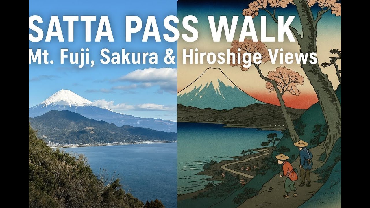 Mt.Fuji, Suruga Bay, and scarlet cherry blossoms - Hiroshige's Ukiyo-e Location