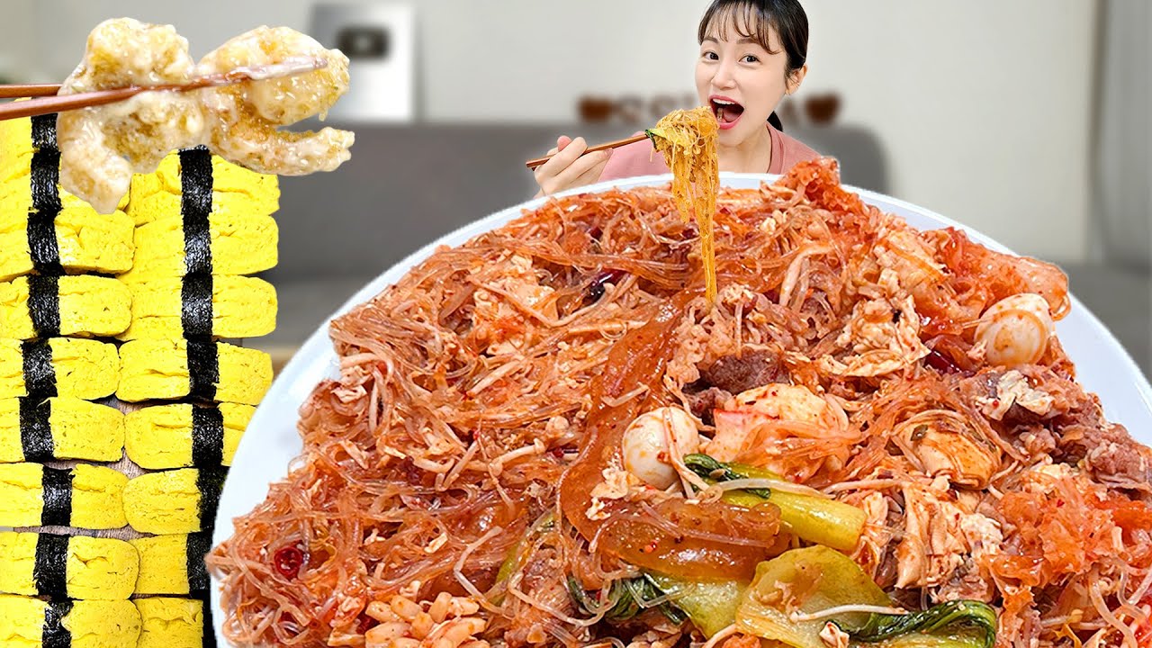 레전드 꿀조합 찾았습니다🔥 매콤 얼~얼한 마라샹궈에 달달퐁신한 계란초밥 먹방! 크리미한 크림새우까지💛Spicy Malaxianguo & Egg Sushi Shrimp Mukbang