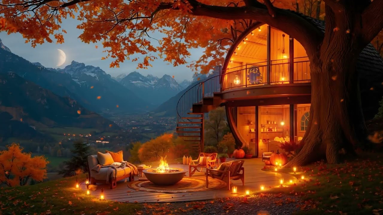 Cozy September Autumn on the Porch in the Mountains - Warm Fireplace for Peaceful Night Ambience