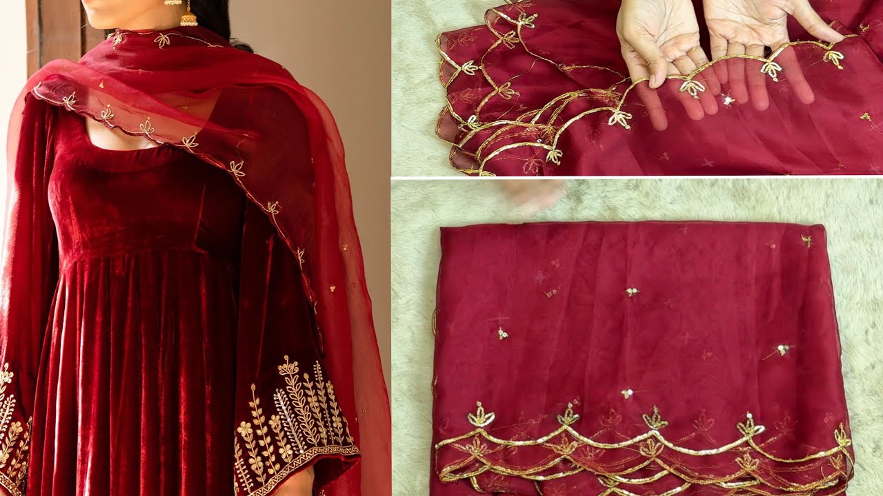 Pita work Dupatta // Organza Dupatta // hand work embroidery design// dupatta design // zardosi work