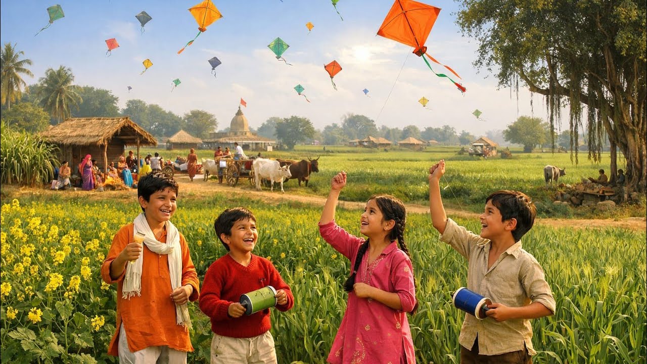 गांव की मकर संक्रांति | बच्चों की पतंग और हरियाली का नज़ारा 🪁🌾