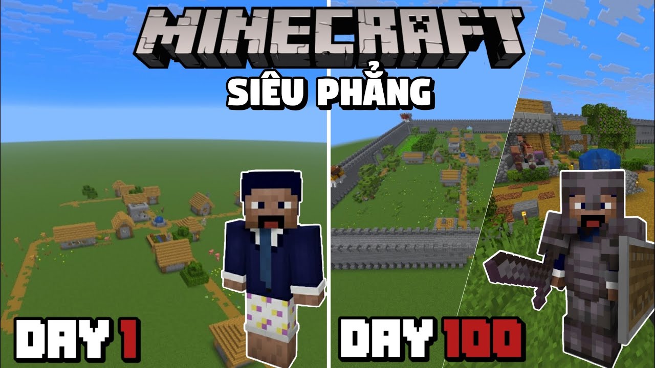 | Minecraft 100 ngày siêu phẳng | tôi xây dựng tòa thành bao quanh cả ngôi làng 