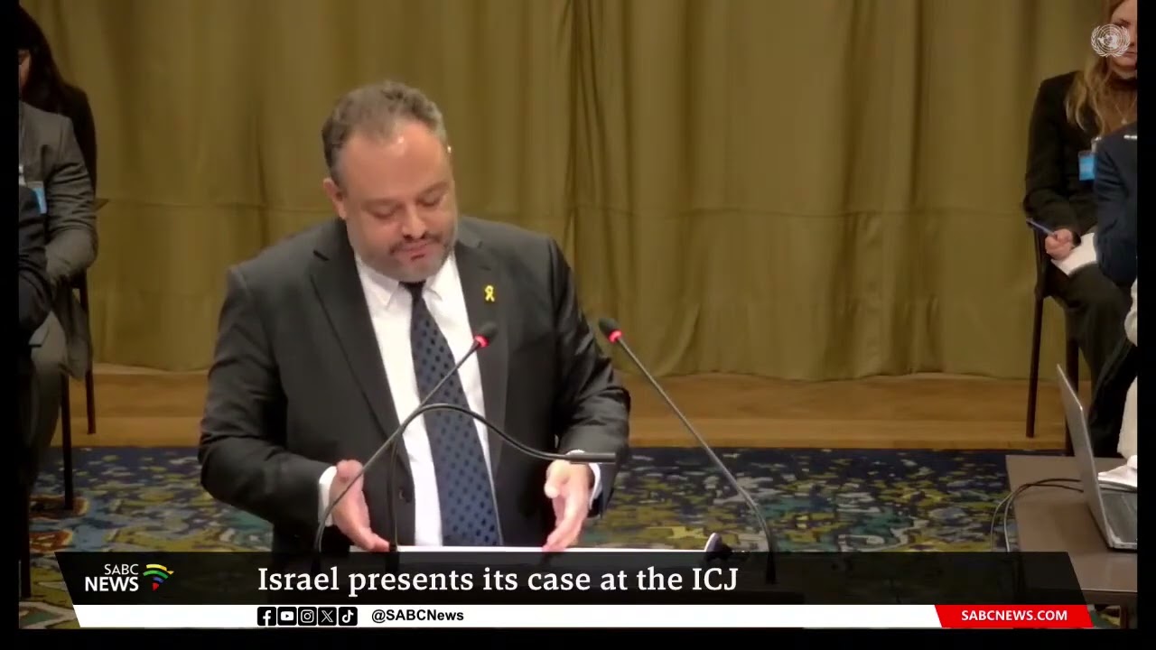 Israel's Tal Becker gives the opening remarks for Israel at the International Court of Justice